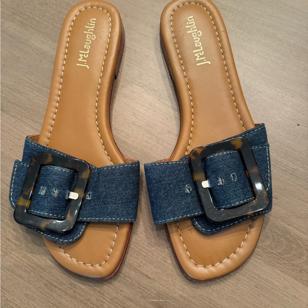 J McLaughlin denim sandal slides with tortoiseshell look buckles
